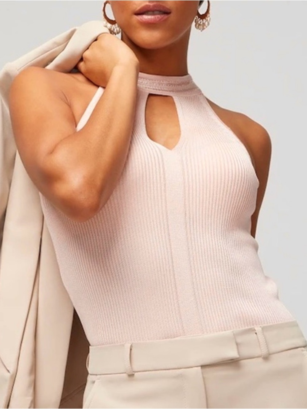 WHBM Women’s Tank Top Keyhole Embroidered High Neck Knit Halter Pink M